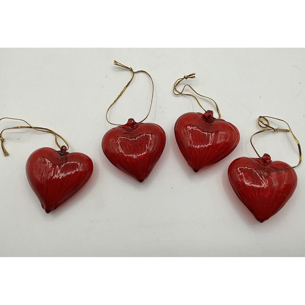 Vintage Red Optic 3D Blown Glass 2" Heart Christmas Tree Ornaments Set/4 VGUC